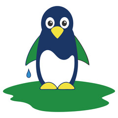 Standing Blue Penguin on Green Grass with Yellow Feet and Beak over White