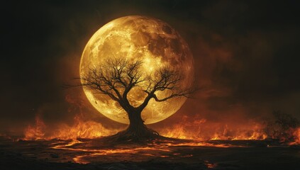 Fiery, desolate landscape under a blood moon