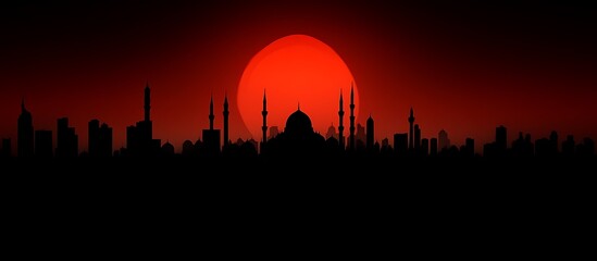 Dark City Silhouette at Sunset with Mosque and Tower Landscape