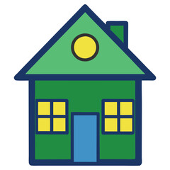 Cartoon home icon vector, green house with blue door, window and yellow sun