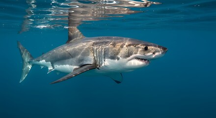 Fototapeta premium Majestic Great White Shark Underwater: A Stunning Ocean Predator Portrait