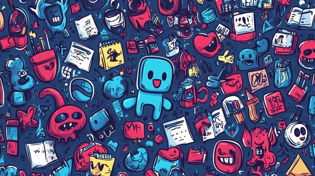 Colorful cartoon doodles of random objects cover a dark background