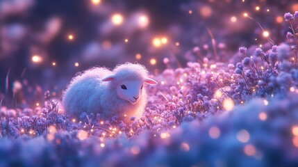 A dreamy bedtime meadow with glowing cotton-candy grass, where fluffy baby sheep softly step, making the ground twinkle with warm, pastel lights.