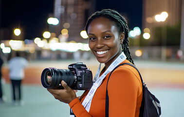 Young Black woman smiles while holding a camera