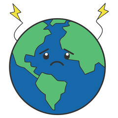 Sad Earth Globe Cartoon with Lightning Bolts on White Background. World Issues