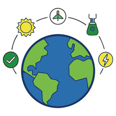 Illustrated Earth with Icons of Sun, Checkmark, Airplane, Spacecraft, & Electricity