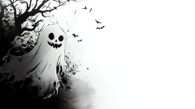 A spooky cartoon ghost hovers near a gnarled dark tree