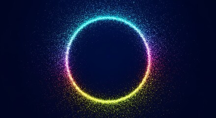 Fototapeta premium A sparkling circle of light with rainbow colors on a dark blue background that looks like a portal