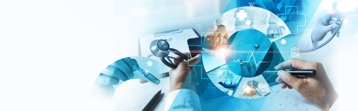 Digital healthcare, Doctor working write electronic medical record on network, Research and development. Medical technology service to solve people health, Business and medical insurance.