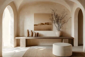 Modern boho-inspired entryway with Mediterranean arches and natural materials—perfect for interior design branding and decor inspiration
