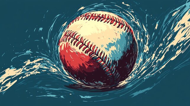 Stylized baseball with dynamic motion lines and artistic flair