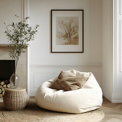 Modern calm interior with beige bean bag and soft textures, perfect for minimalist home styling, decor inspiration or furniture branding
