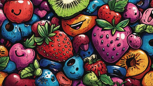Colorful cartoon fruit pattern with smiling faces and shapes