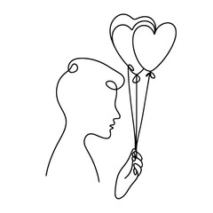Person holding heart-shaped balloons in one line art