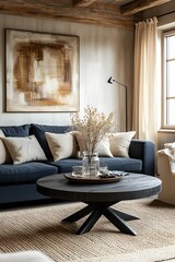 Elegant Scandinavian-inspired living room featuring dark blue couch, minimalist accents, and soft neutral tones for a cozy aesthetic
