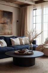 Elegant Scandinavian-inspired living room featuring dark blue couch, minimalist accents, and soft neutral tones for a cozy aesthetic
