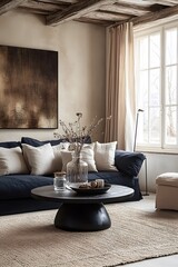 Stylish Scandinavian living space with blue sofa and modern decor, perfect for home design inspiration, interior brands, or furniture mockups
