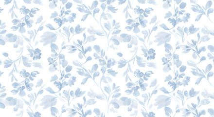 Elegant Watercolor Floral Seamless Pattern Delicate Blue Flowers and Leaves on White Background