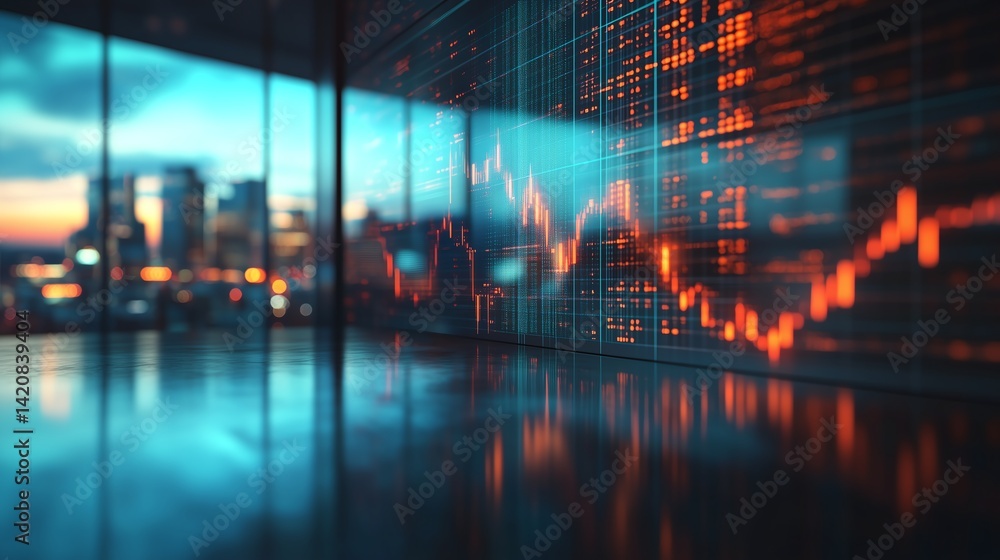 Poster multi exposure virtual abstract financial graph interface on modern interior background
