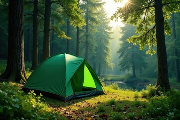 Emerald canvas tent nestled amongst towering trees, sunlight, gear, peaceful