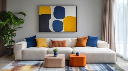  Minimalist interior design of modern living room. Beige fabric sofa with bright orange pillows. 


