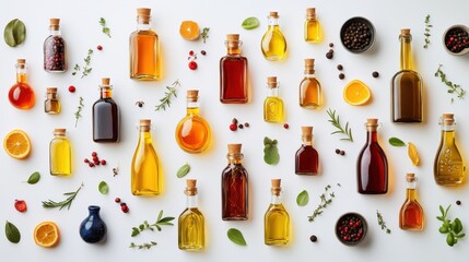 Variety of Oils and Vinegars in Glass Bottles on White Background