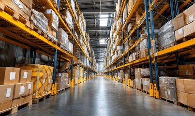 Fototapeta premium Wide warehouse aisle with stacked boxes