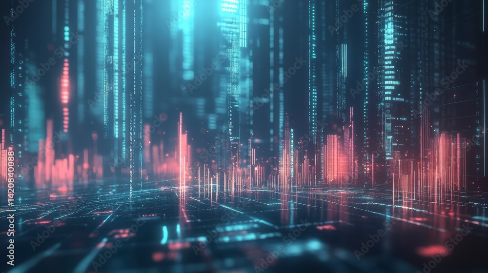 Poster abstract digital city landscape with glowing lines and data streams.