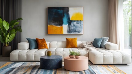 Modern minimalist living space featuring beige couch with orange pillows, perfect for furniture brands, interior mockups, or home decor inspiration
