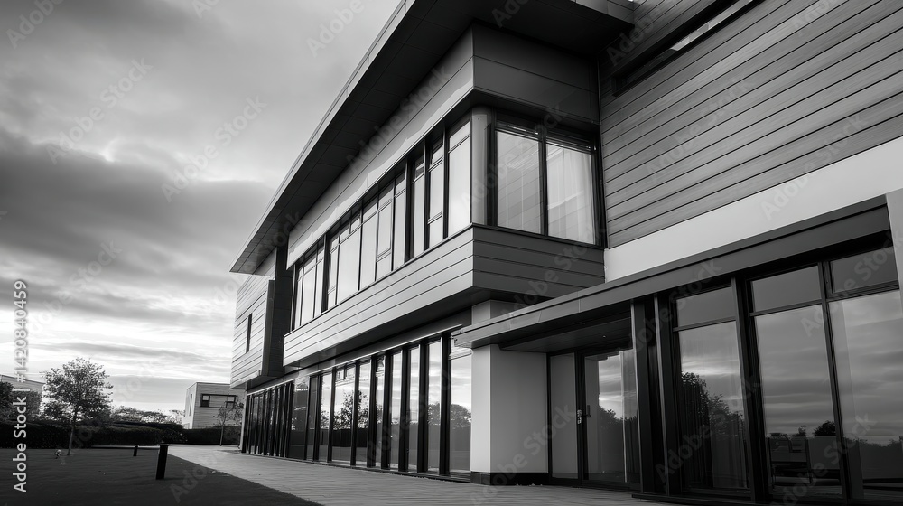 Poster modern architectural building with large windows under a dramatic cloudy sky in urban setting