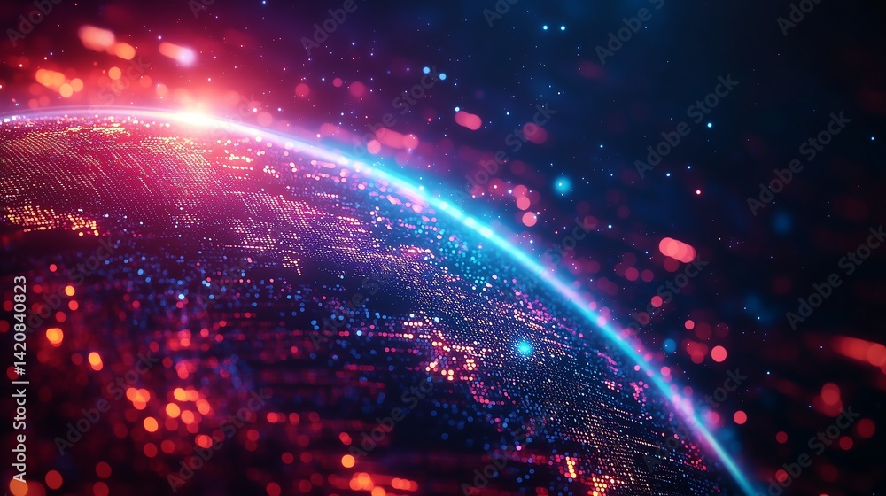 Poster digital earth globe with neon data flow, global network communication in modern digital age, minimal