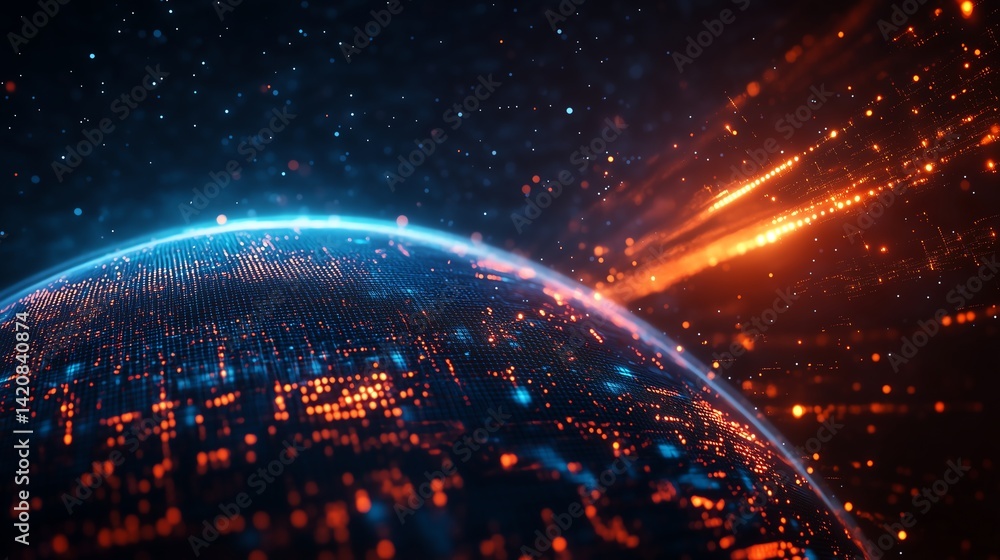 Poster digital earth globe with neon data flow, global network communication in modern digital age, minimal