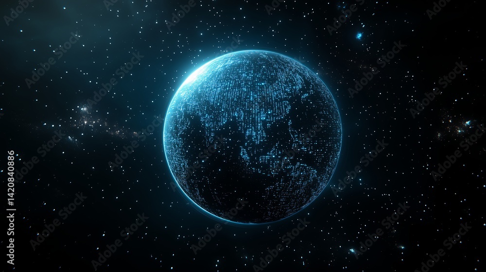 Poster 3d render of earth focusing on europe with binary code and connecting lines, symbolizing global busi