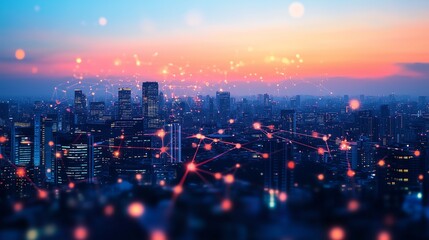 Fototapeta premium Smart City and Digital Transformation: Cityscape with Telecommunication Network and Big Data Connection