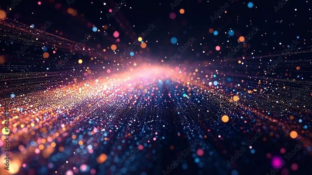 Poster digital technology abstract concept: multicolored lines and small particles on dark blue background,