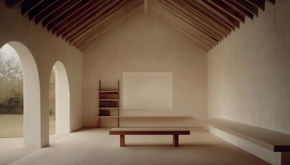 Minimalist wooden interior with large windows