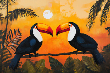 oil painting of two toucan in the jungle at sunset