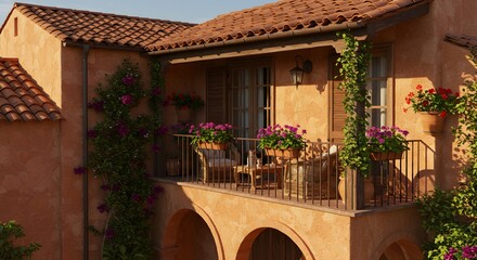 Mediterranean Villa Balcony: Sunset Serenity, terracotta roof, lush greenery, blooming flowers, wicker furniture, romantic ambiance