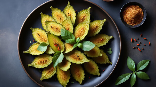 Crispy fried pointed gourd with spices on rustic plate, food photography.