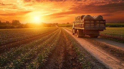 agricultural truck transporting grain sacks across a verdant seedling field illuminated by a golden sunset, symbolizing the prosperity of farming along a rural road