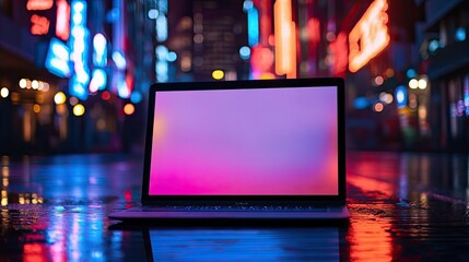 Laptop Night Cityscape Mockup.