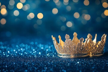 Golden crown on blue glitter background