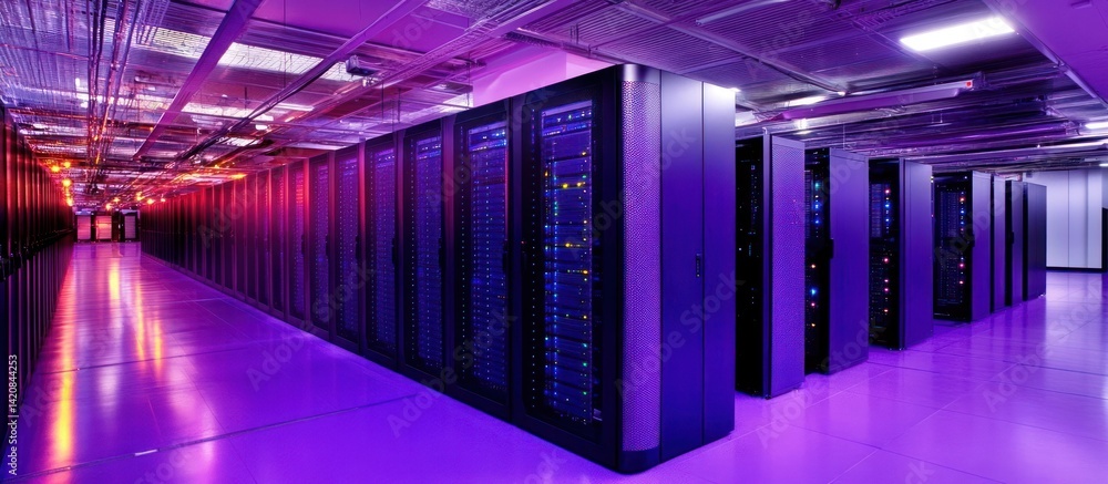 Poster illuminated data center hallway featuring rows of server racks in vibrant hues