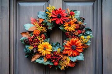 Wreath on a door: Fall flowers & leaves, vibrant colors against neutral background, symbolizing autumn season & welcoming atmosphere.