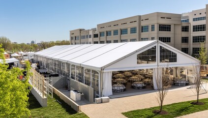 Large Outdoor Tent Setup for Event near Modern Building, Tables and Chairs Ready, Sunny Day