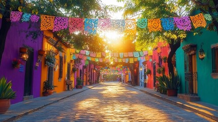 A vibrant street scene in Mexico showcasing papel picado, perfect for promoting Cinco de Mayo celebrations, other festive events, or travel marketing.