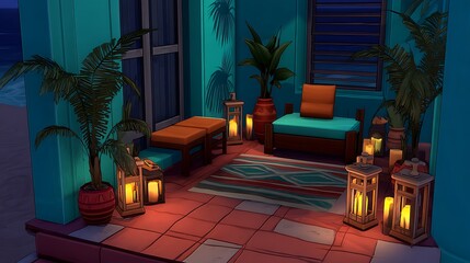 A cozy outdoor seating area adorned with plants and lanterns, ideal for relaxation.
