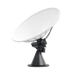 A white satellite dish stands against a black background with a black base and black hardware detail