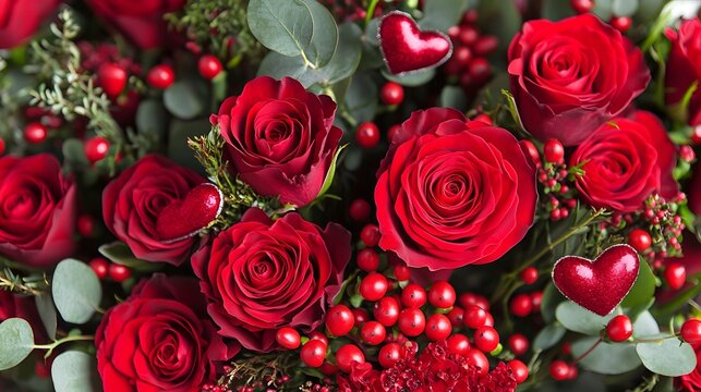 A close-up of a bouquet of red roses with heart-shaped decorations surrounding them