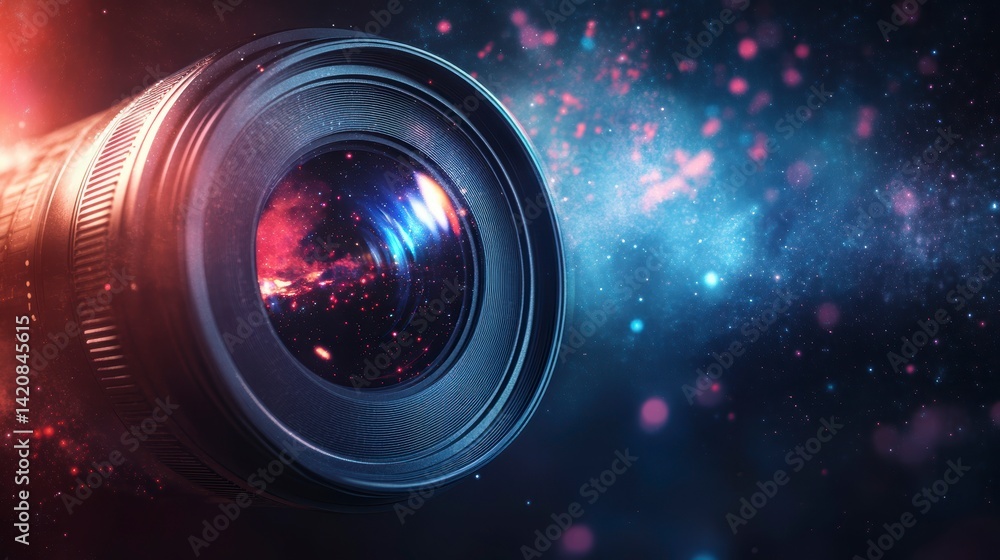 Poster close-up of a camera lens with colorful bokeh background.